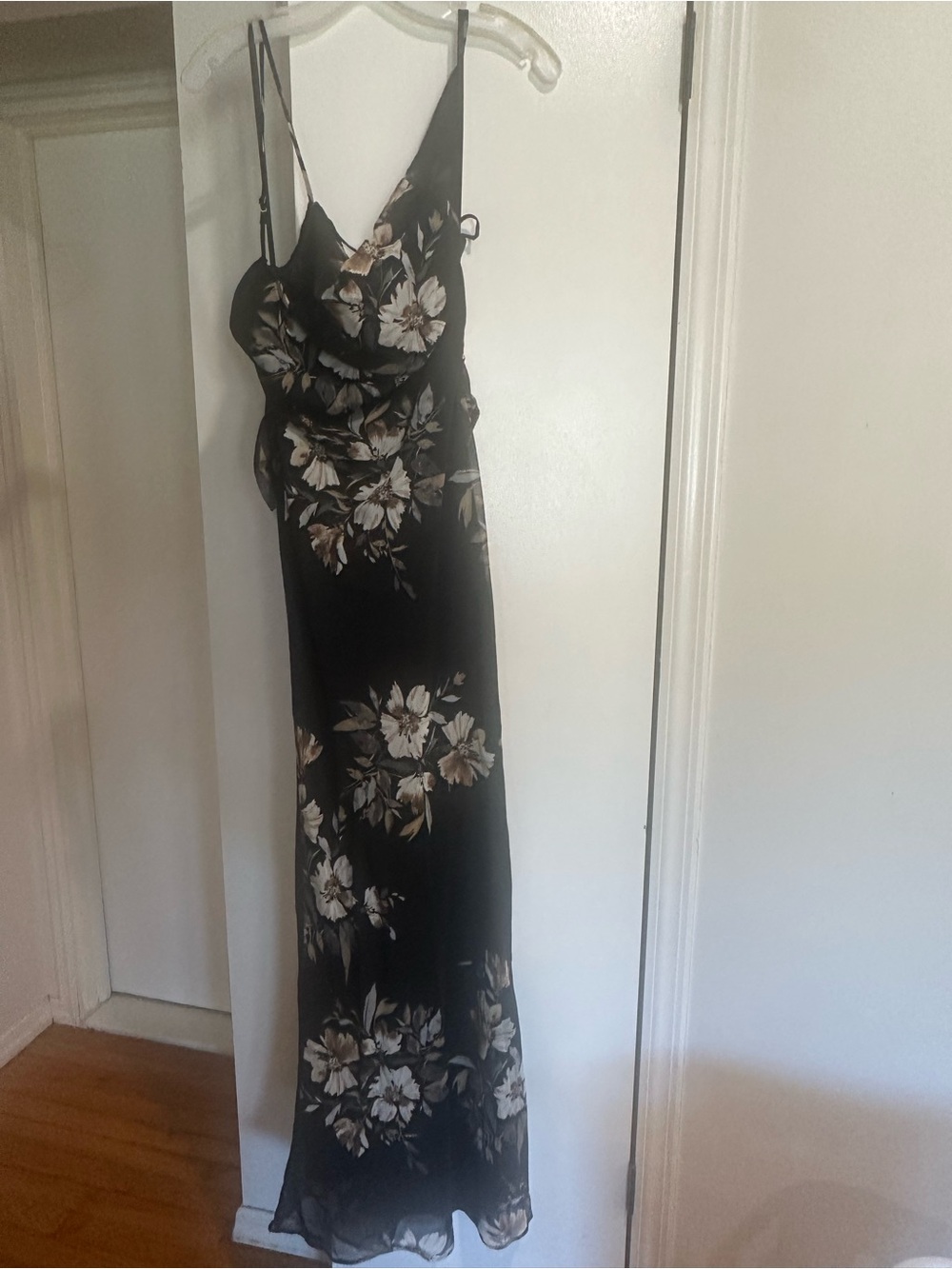 JLUXLABEL Black Maxi Slip Dress with Cream Floral Print